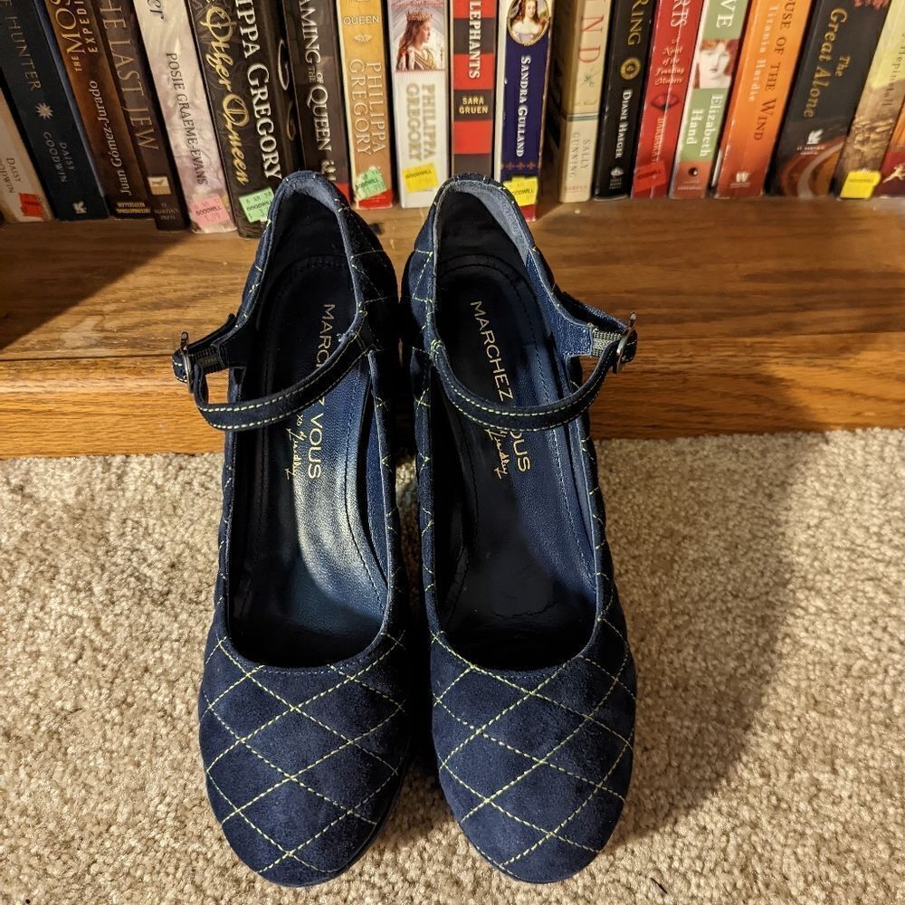 MARCHEZ Vous quilted blue suede thick heel ankle strap platform shoes sz 9.5 euc